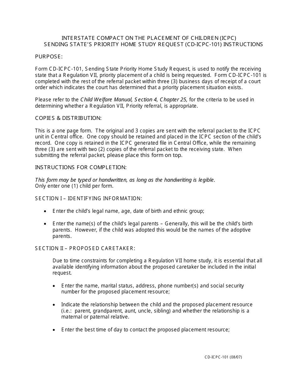 Instructions for Form CD-ICPC-101 Sending States Priority Home Study Request - Interstate Compact on the Placement of Children (Icpc) - Missouri, Page 1