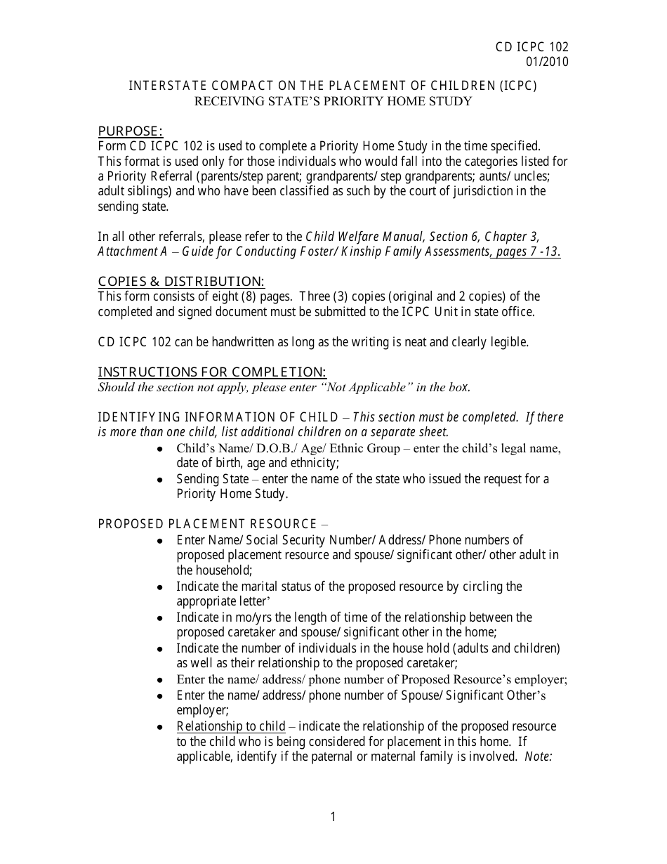 Instructions for Form CD-ICPC-102 Receiving States Priority Home Study - Interstate Compact on the Placement of Children (Icpc) - Missouri, Page 1