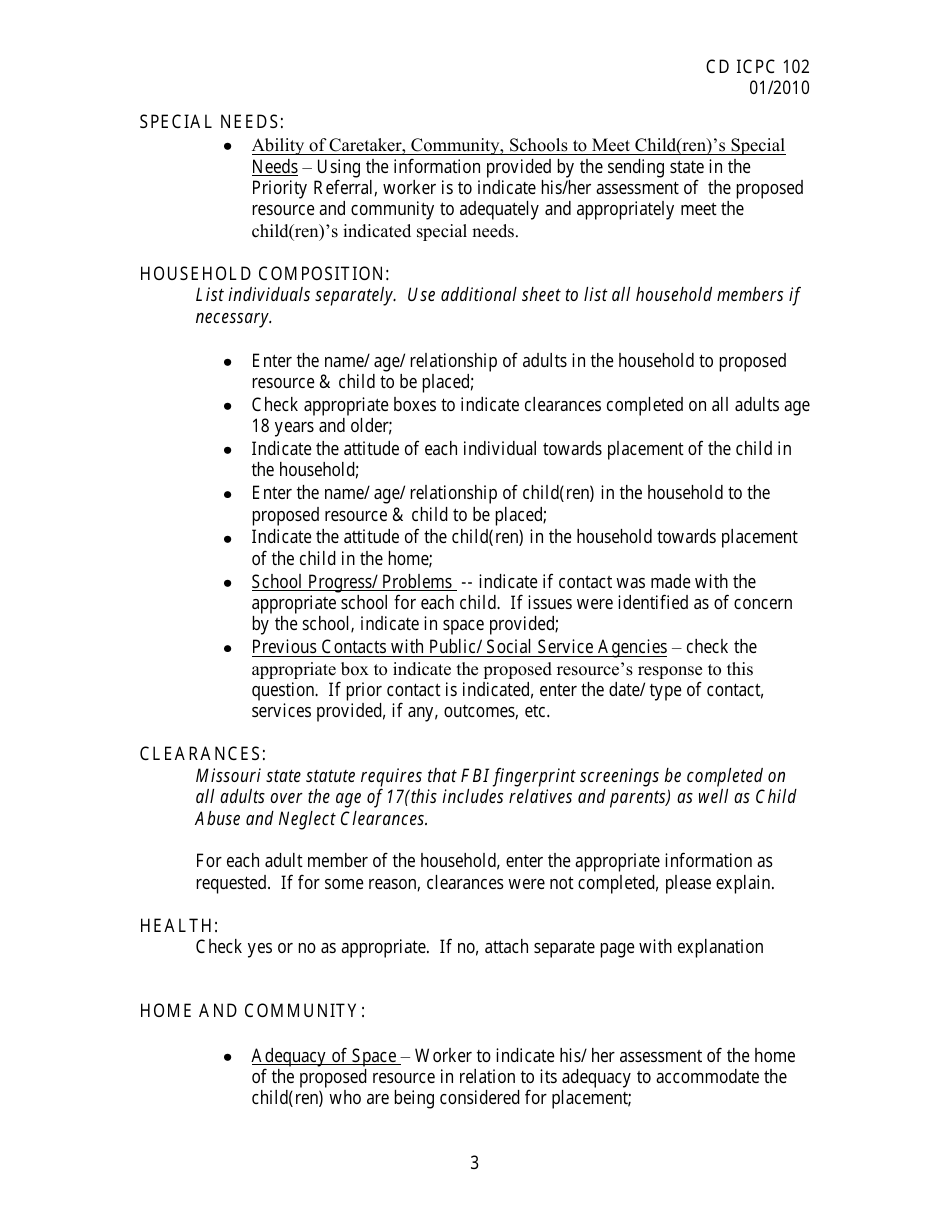 Instructions for Form CD-ICPC-102 Receiving States Priority Home Study - Interstate Compact on the Placement of Children (Icpc) - Missouri, Page 3