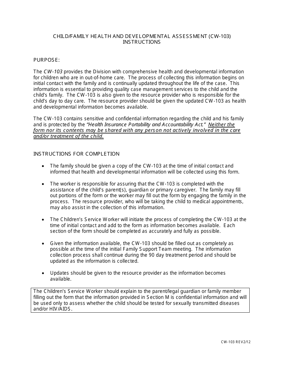 Instructions for Form CW-103 Child / Family Health and Developmental Assessment - Missouri, Page 1