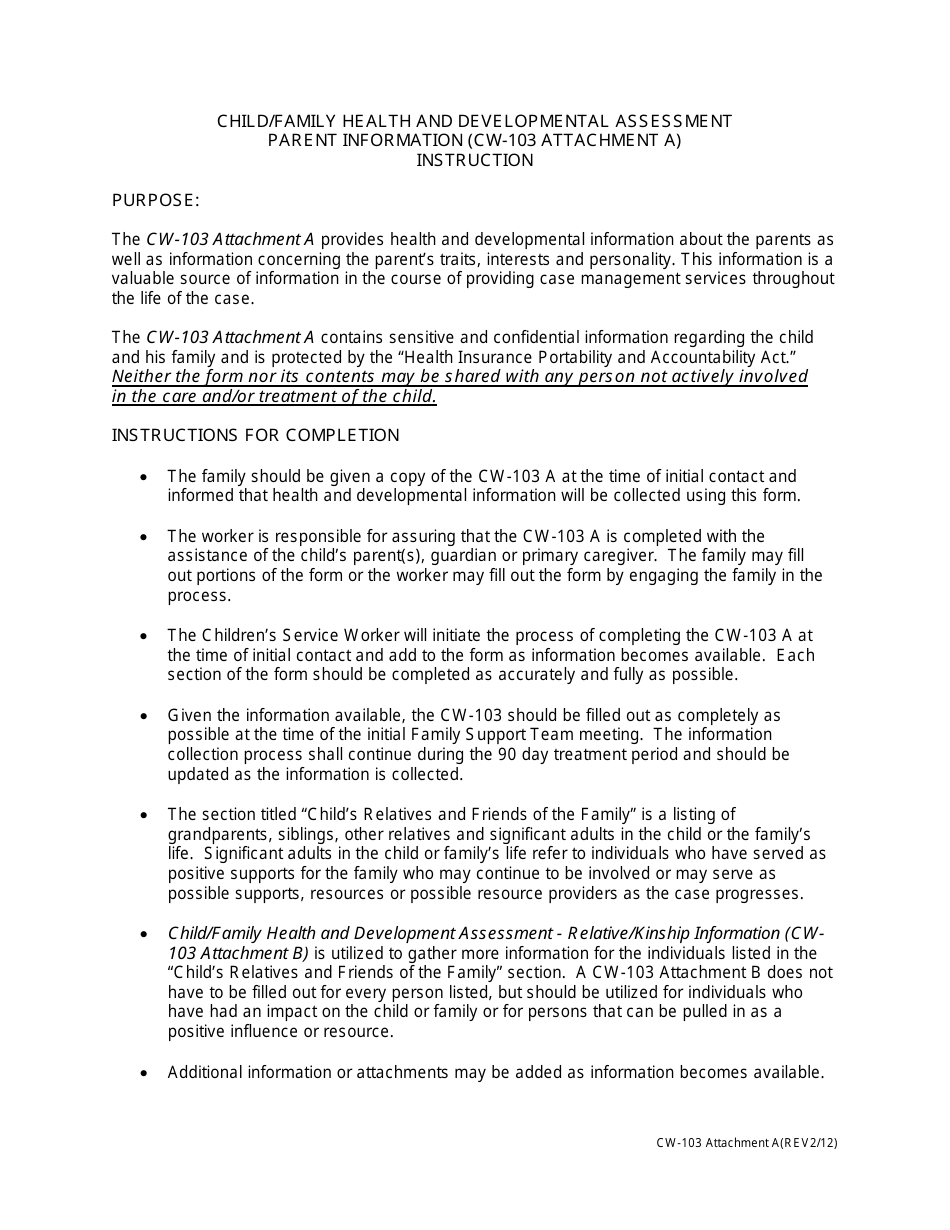 Instructions for Form CW-103 Attachment A Child / Family Health and Developmental Assessment - Parent Information - Missouri, Page 1