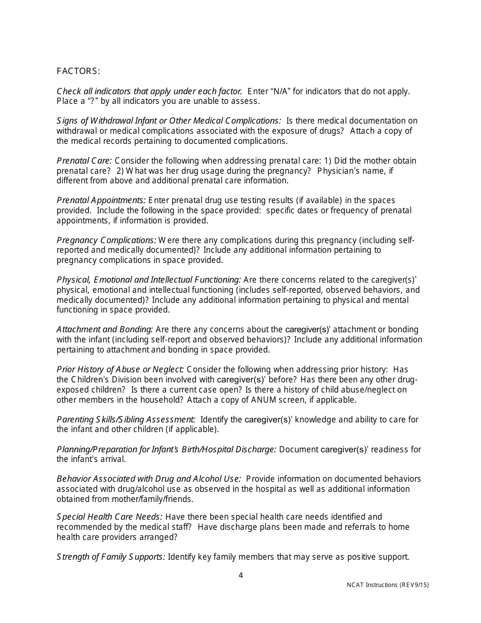 Instructions for Form NCAT Newborn Crisis Assessment Tool - Missouri, Page 4