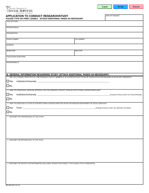 Form MO886-4454 Application to Conduct Research/Study - Missouri