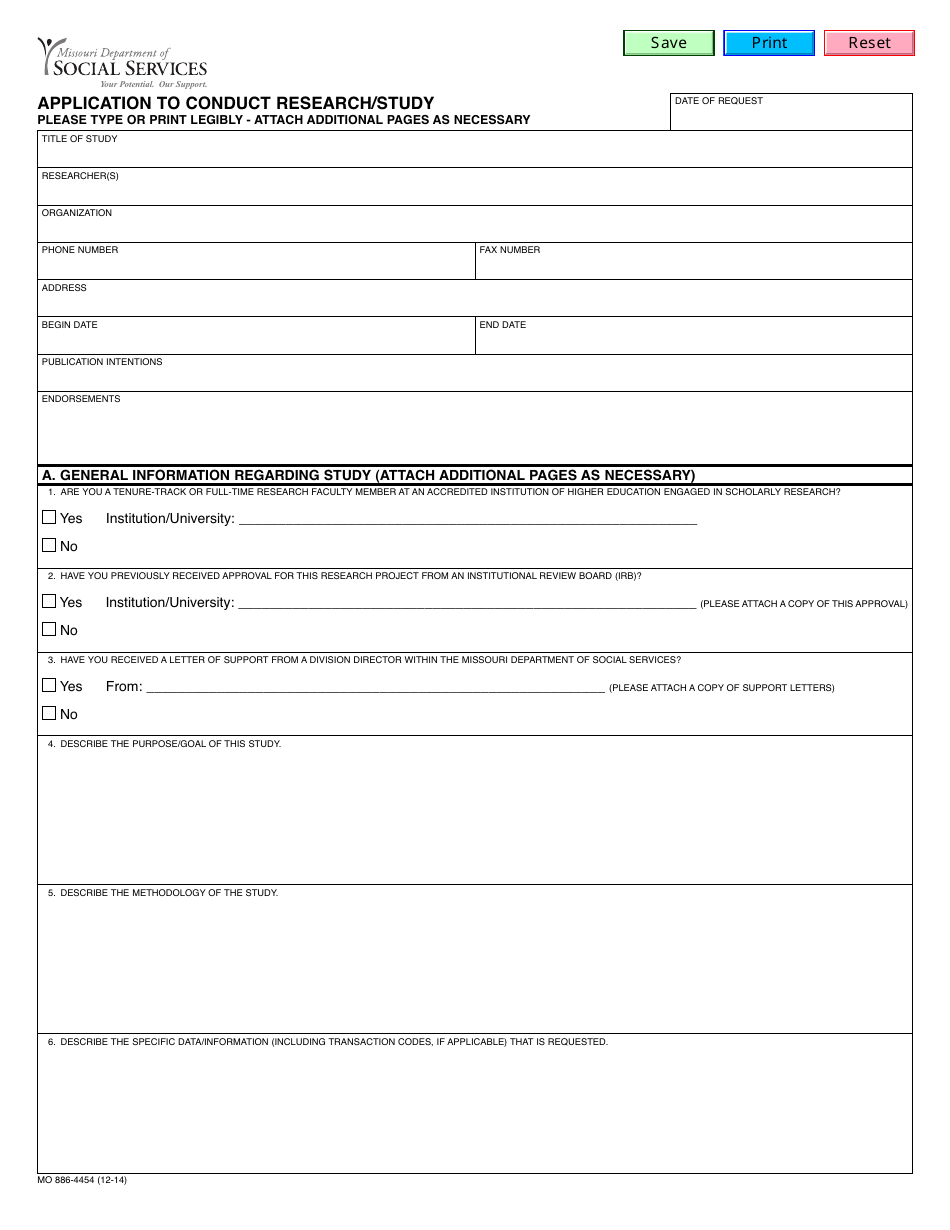 Form MO886-4454 Application to Conduct Research / Study - Missouri, Page 1