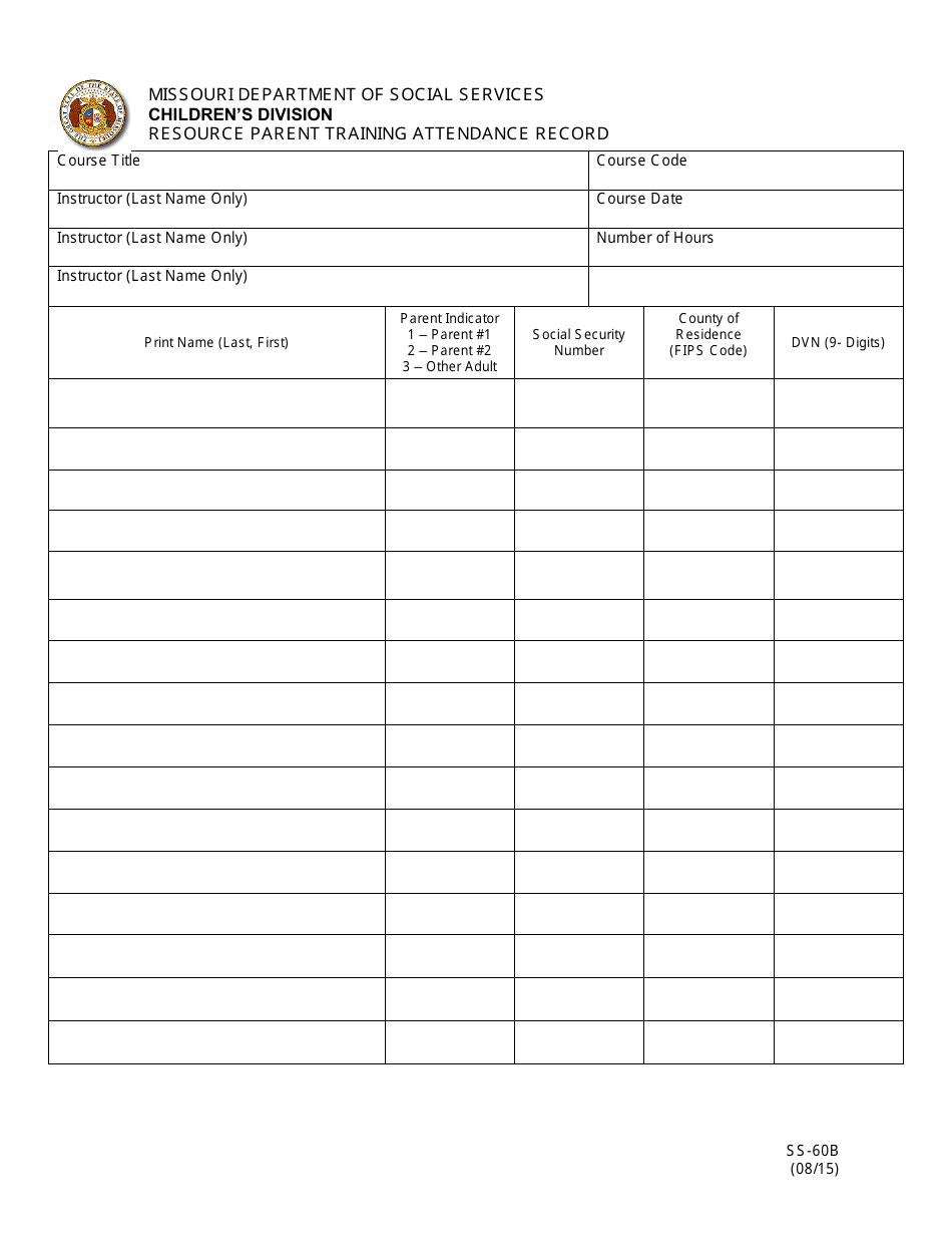 Form SS-60B Foster Parent Training Attendance Record - Missouri, Page 1