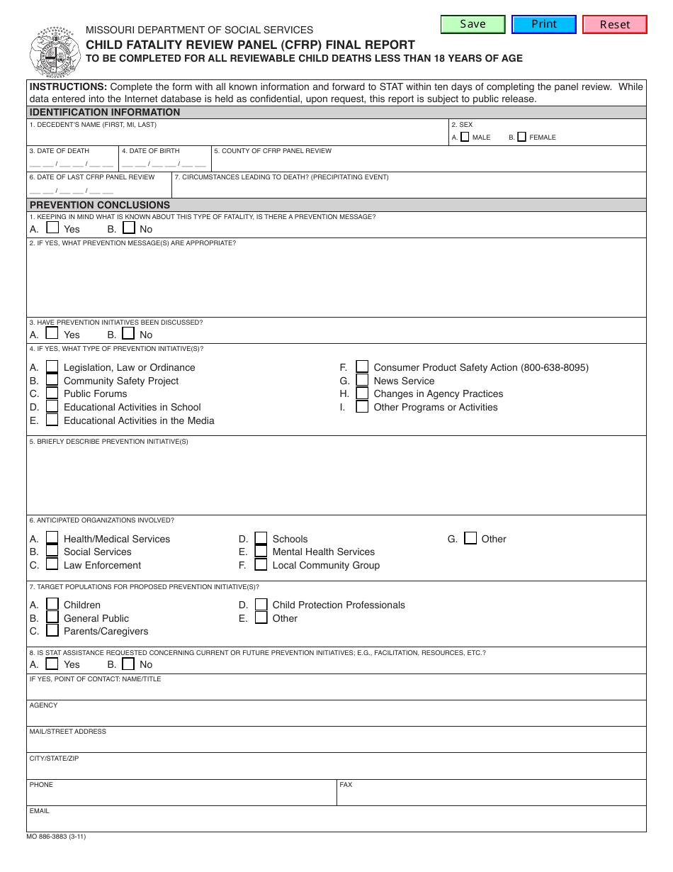 Form MO886-3883 Child Fatality Review Panel (Cfrp) Final Report - Missouri, Page 1