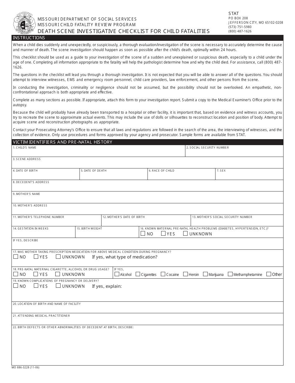Form MO886-3228 Death Scene Investigative Checklist for Child Fatalities - Missouri, Page 1