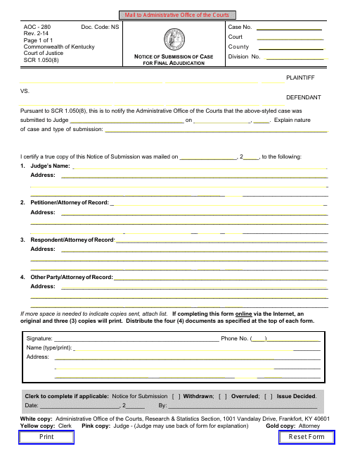 Form AOC-280  Printable Pdf