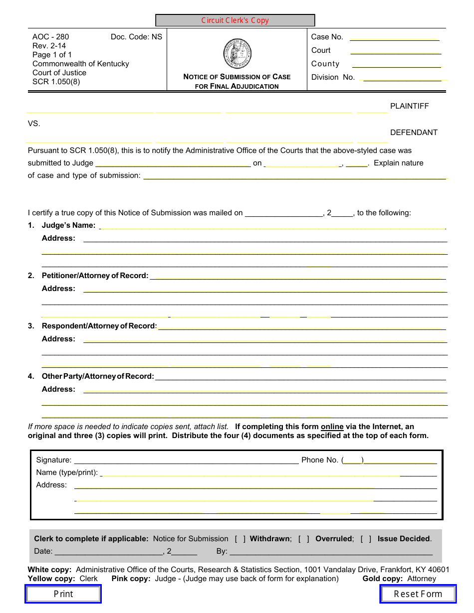 Form AOC-280 Notice of Submission of Case for Final Adjudication - Kentucky, Page 2
