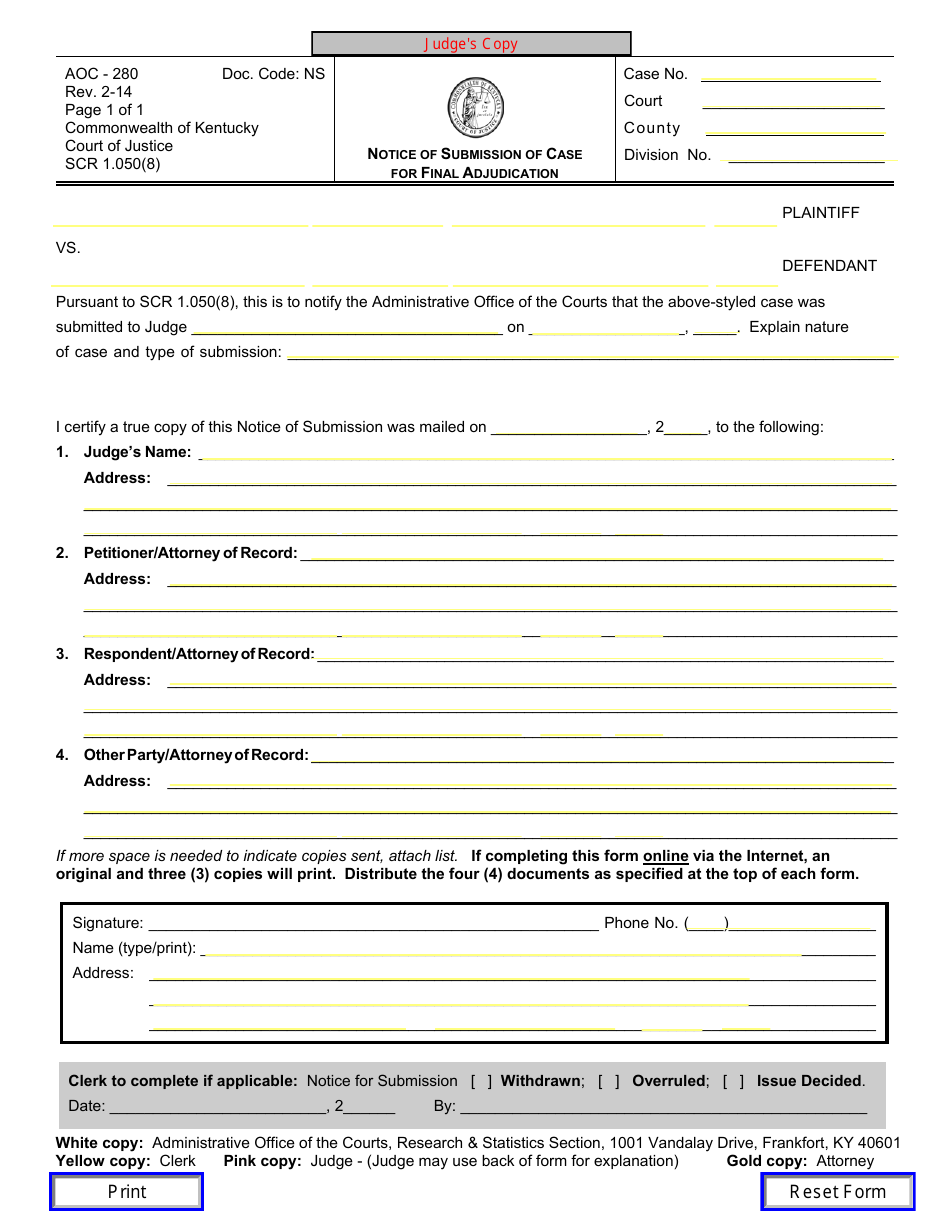 Form AOC-280 Notice of Submission of Case for Final Adjudication - Kentucky, Page 3
