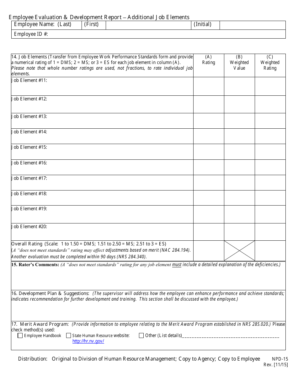 Form NPD-15 Employee Evaluation  Development Report - Additional Job Elements - Nevada, Page 1