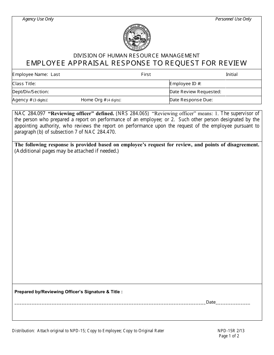 Form NPD-15R Employee Appraisal Response to Request for Review - Nevada, Page 1