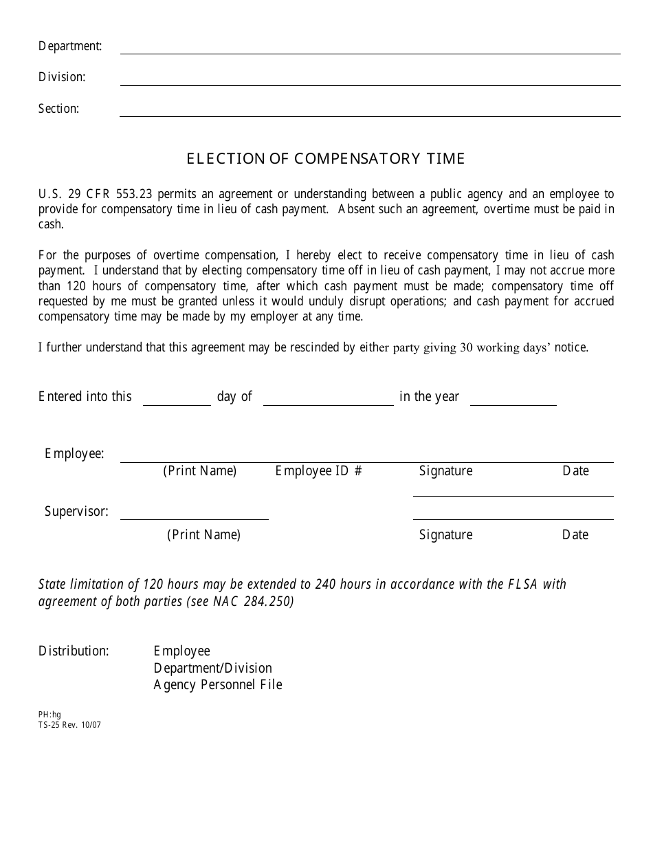 Form TS-25 Election of Compensatory Time - Nevada, Page 1