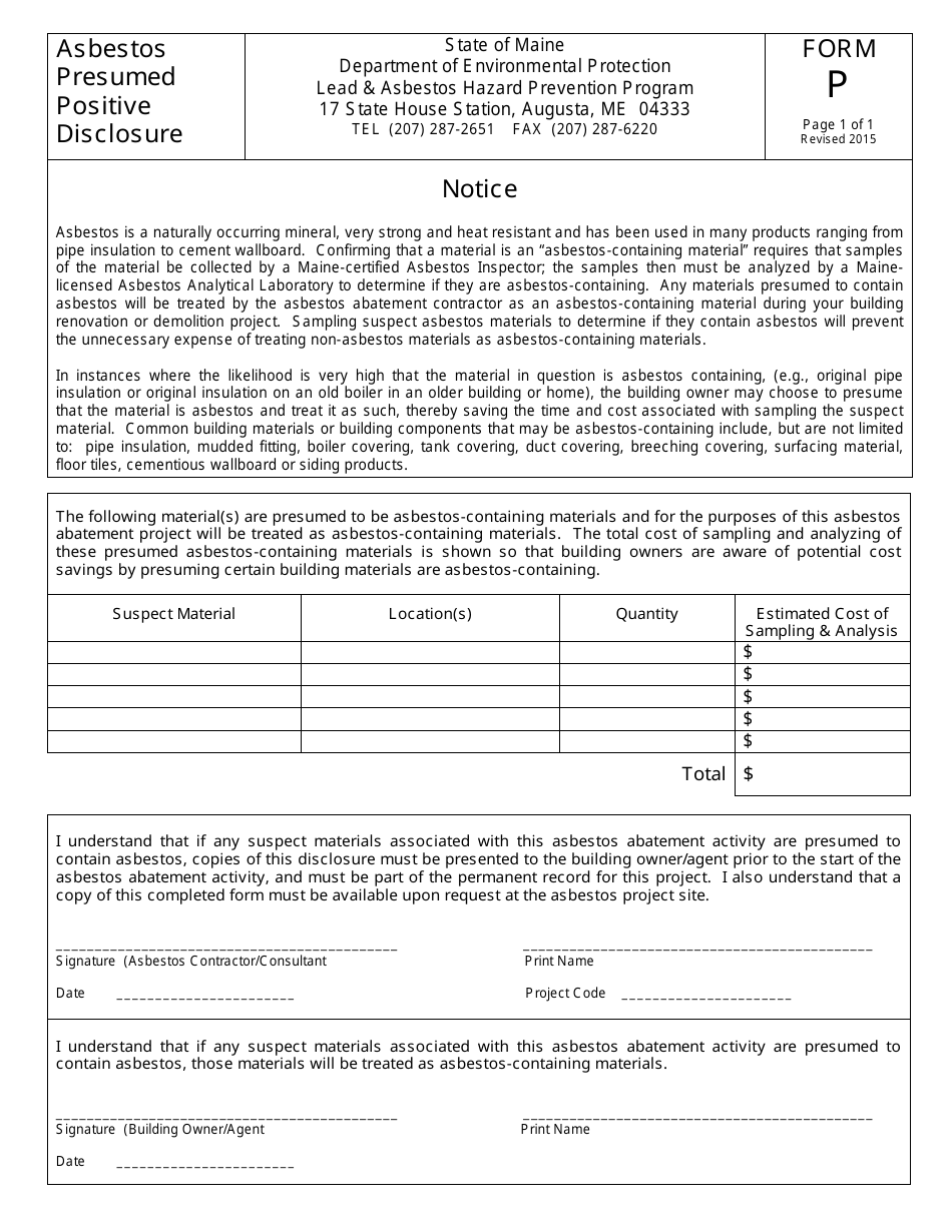 Form P Asbestos Presumed Positive Disclosure - Maine, Page 1