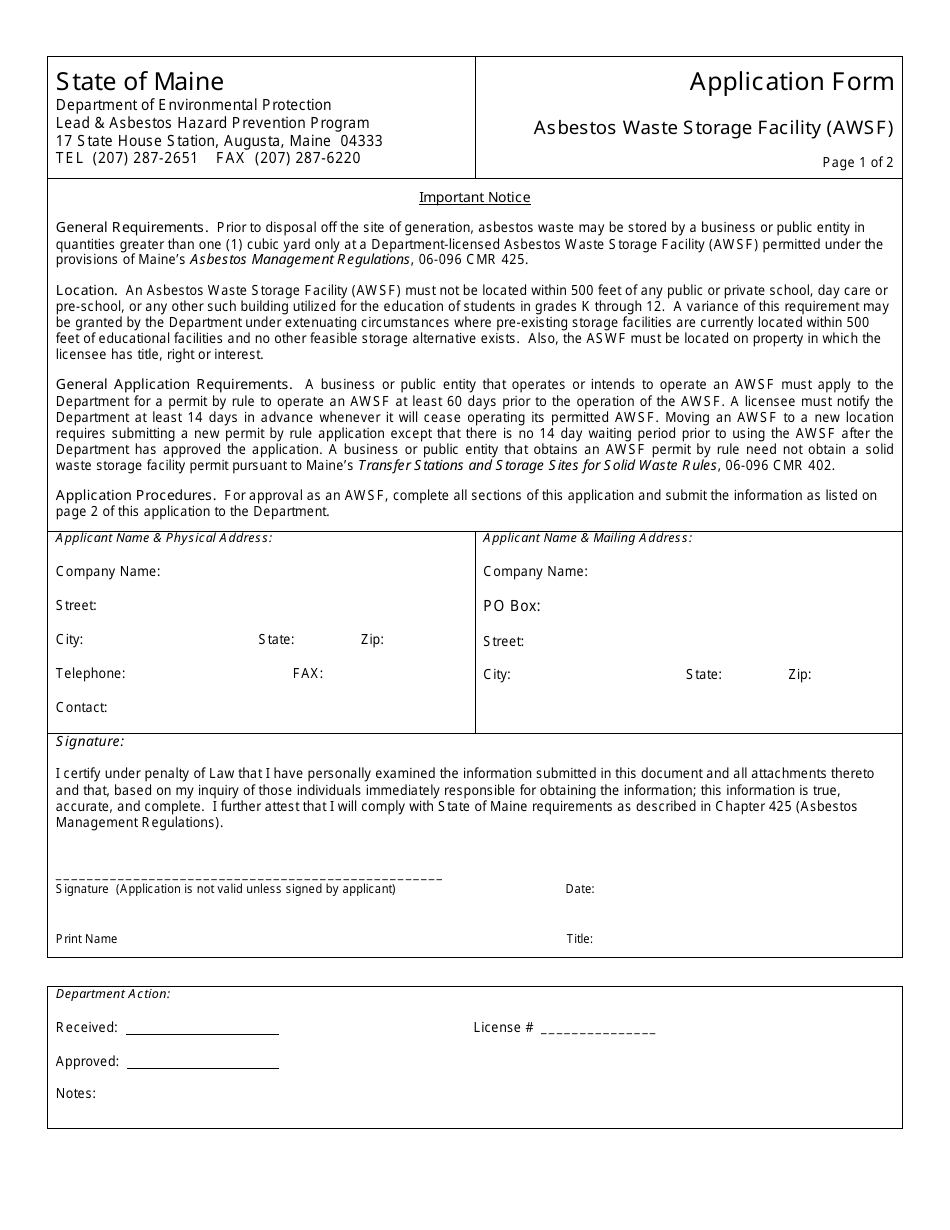Asbestos Waste Storage Facility Application Form - Maine, Page 1
