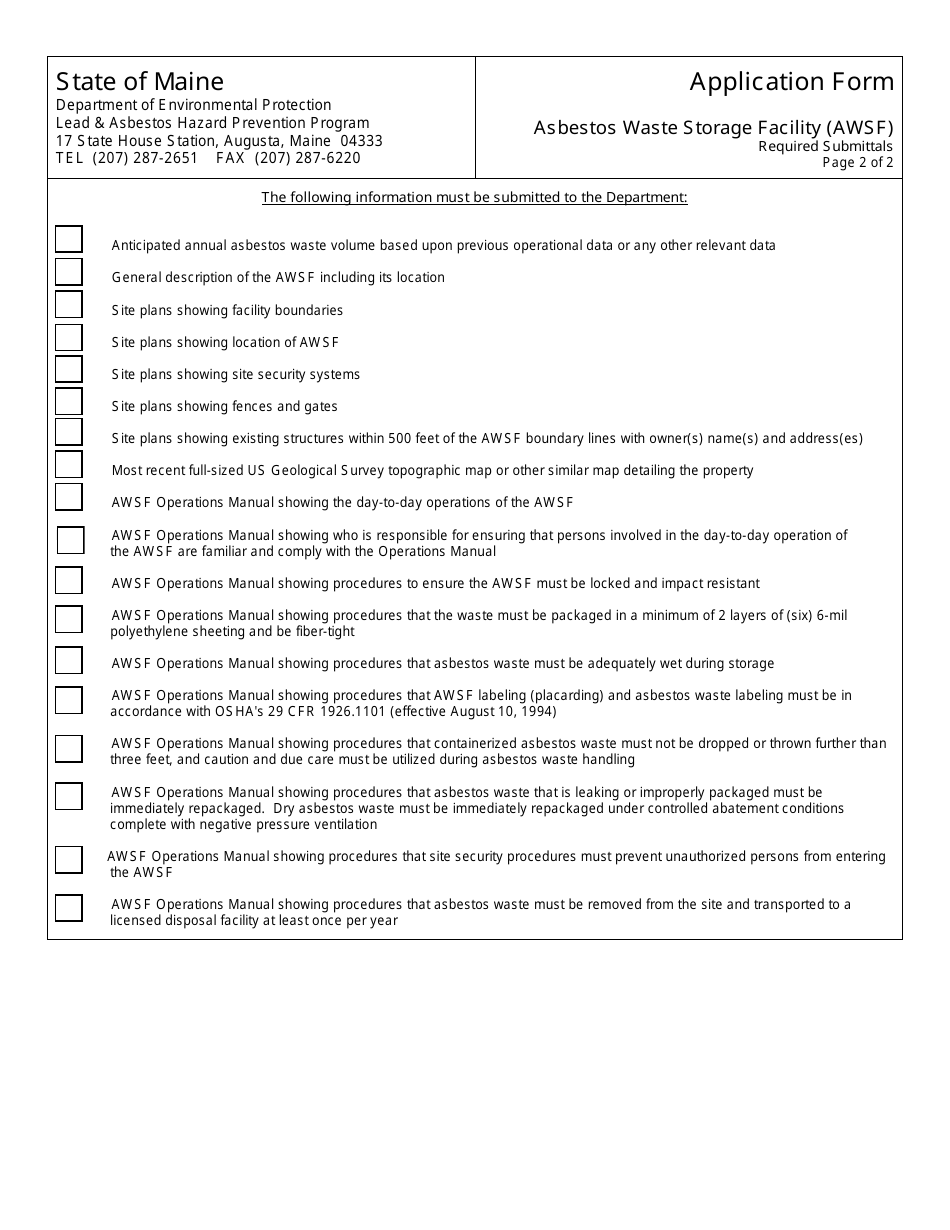 Asbestos Waste Storage Facility Application Form - Maine, Page 2