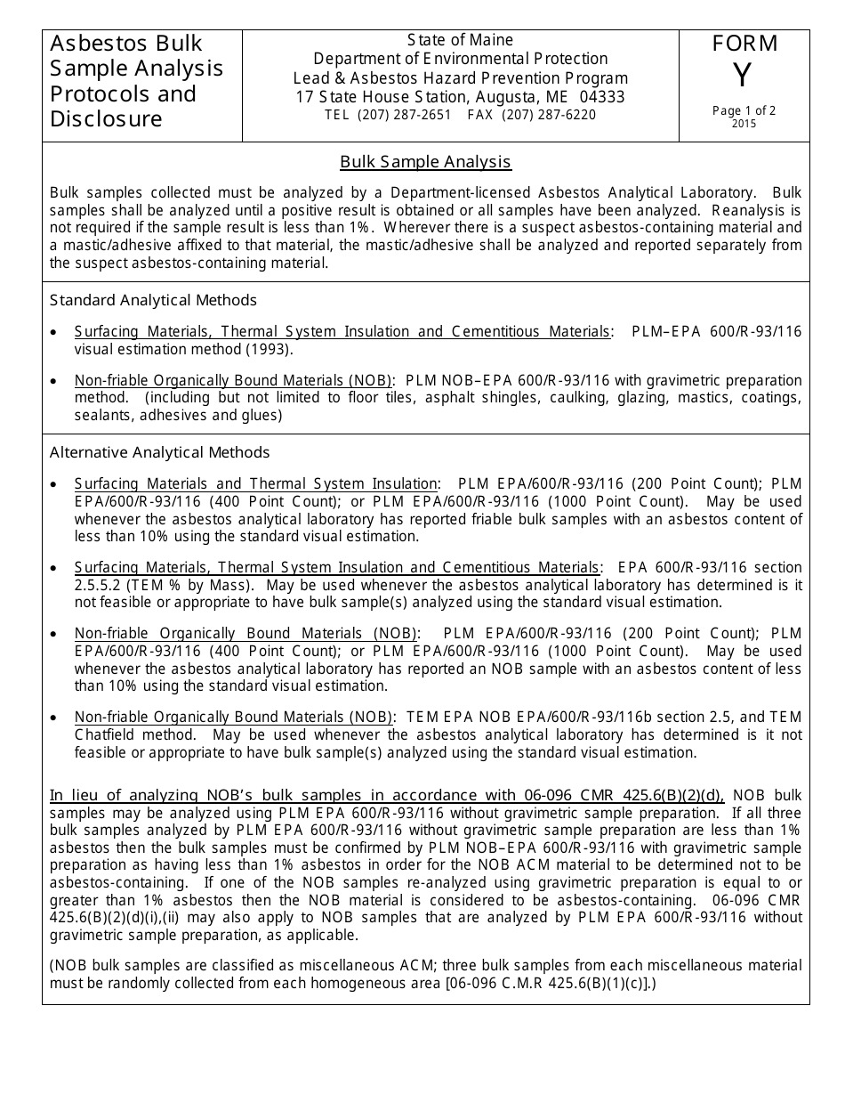 Form Y Asbestos Bulk Sample Analysis Protocols and Disclosure - Maine, Page 1
