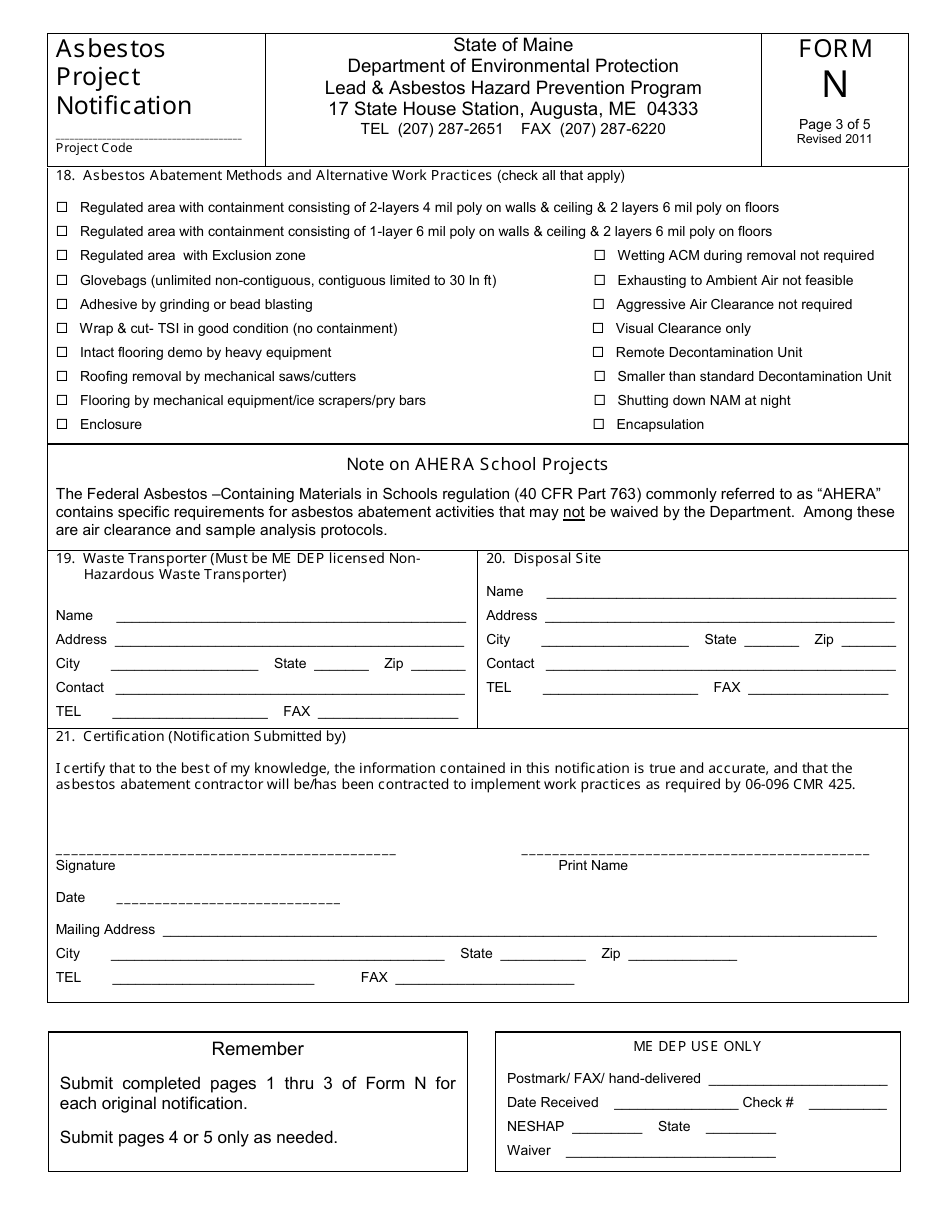 Form N Asbestos Abatement Project Notification - Maine, Page 3