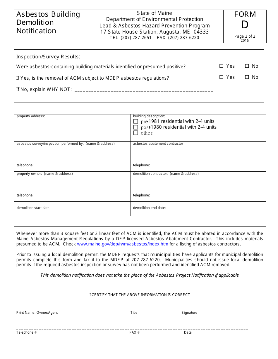 Form D Asbestos Building Demolition Notification - Maine, Page 2
