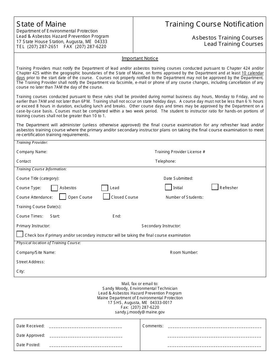 Training Course Notification Form - Asbestos / Lead Training Courses - Maine, Page 1