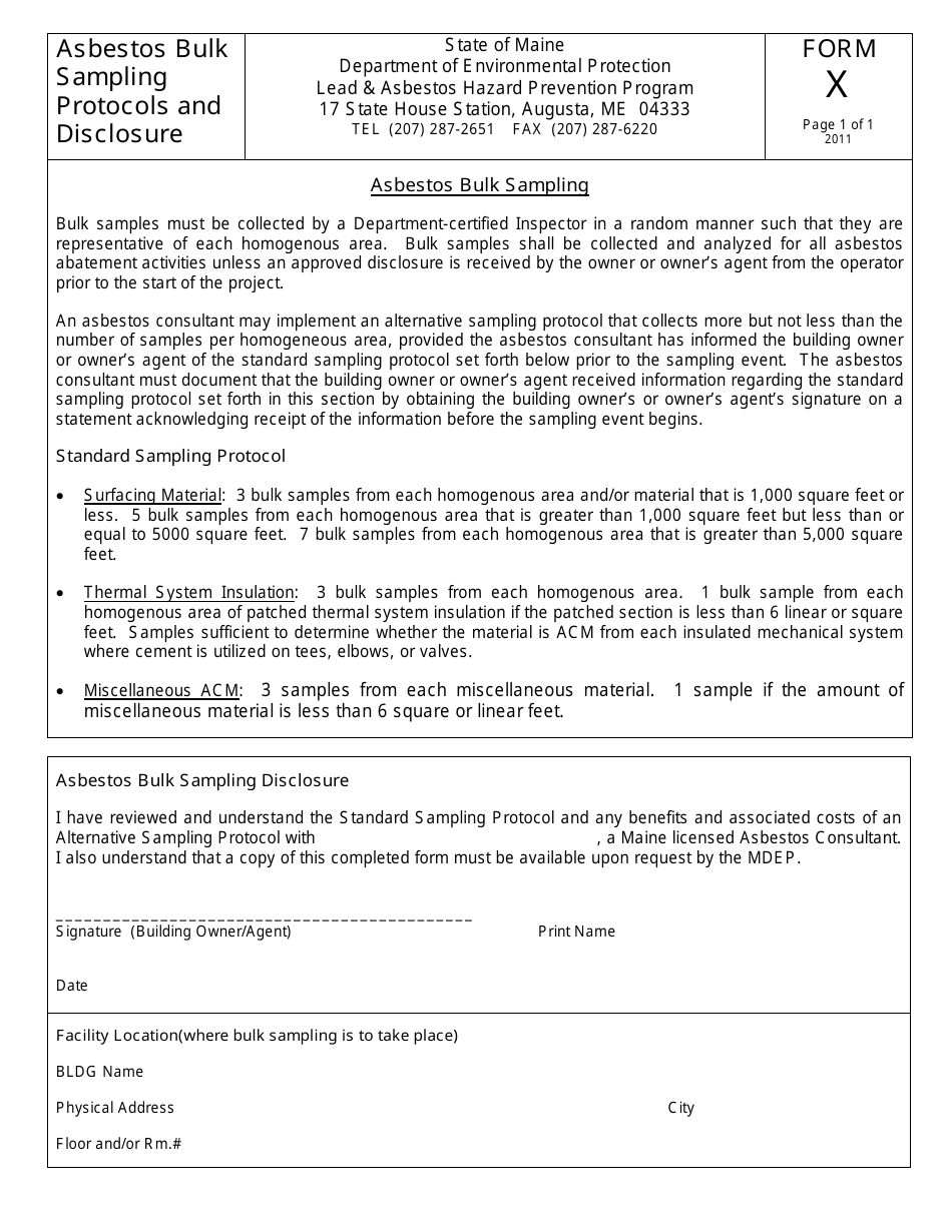 Form X Asbestos Bulk Sampling Protocols and Disclosure - Maine, Page 1