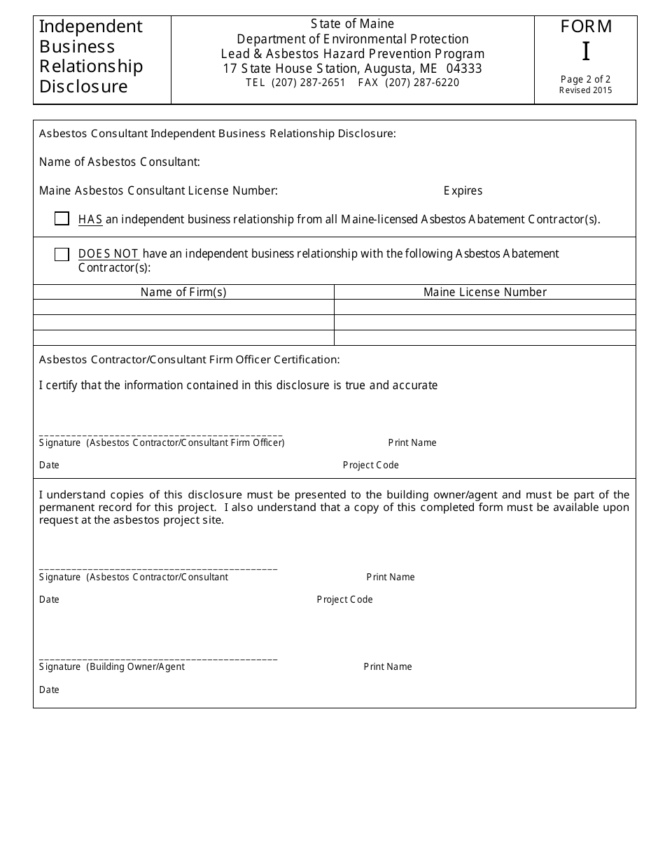 Form I Asbestos Independent Business Relationship Disclosure - Maine, Page 2