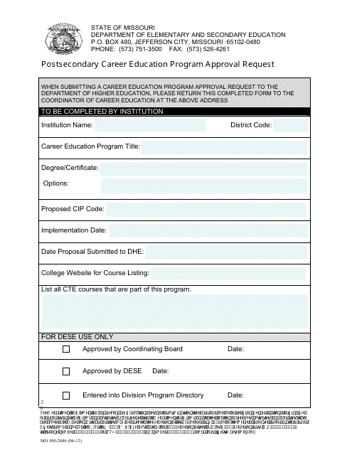Form MO500-2686 Postsecondary Career Education Program Approval Request - Missouri