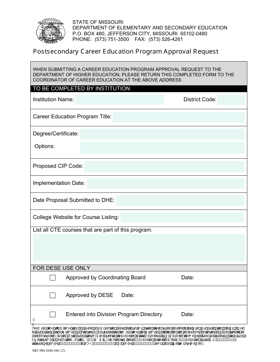 Form MO500-2686 Postsecondary Career Education Program Approval Request - Missouri, Page 1