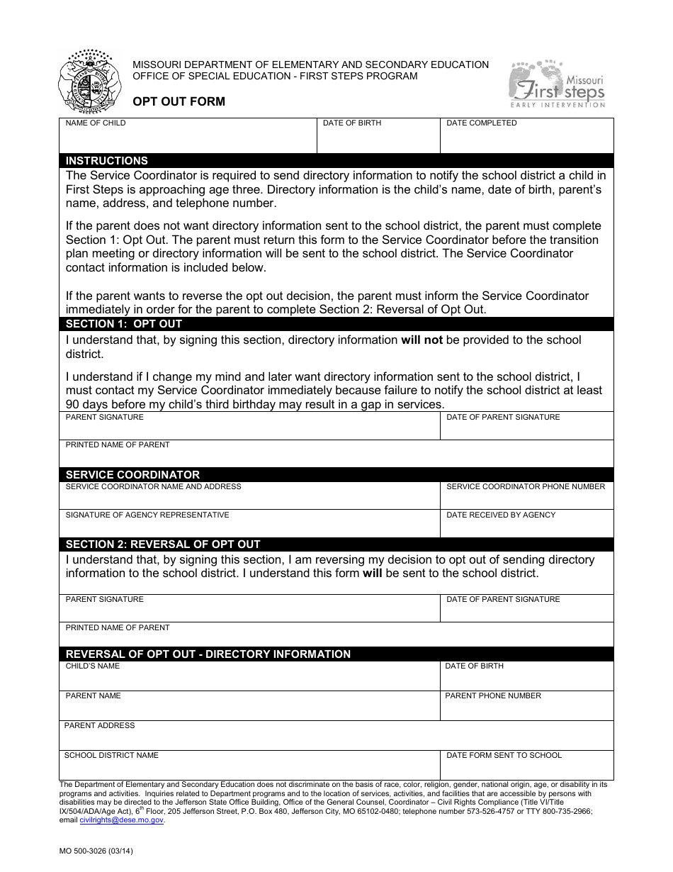 Form MO500-3026 Opt out Form - Missouri, Page 1