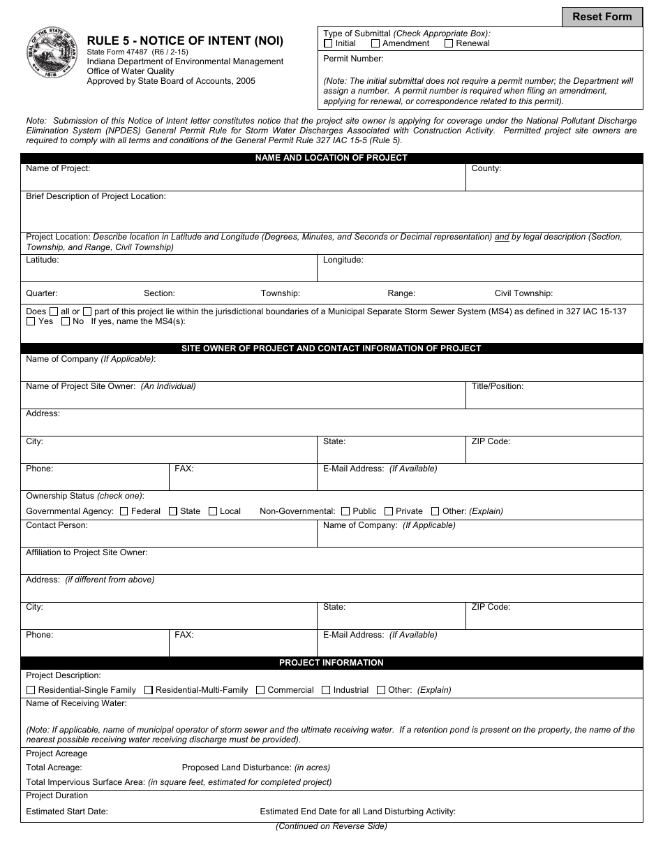 State Form 47487 Rule 5 Notice of Intent (Noi) - Indiana, Page 1