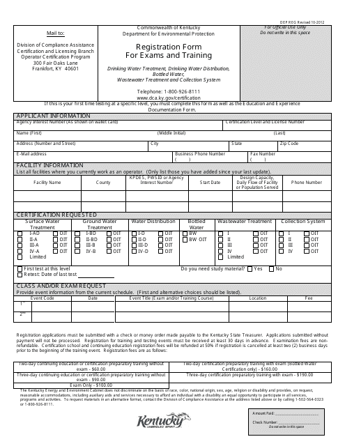 Form DEP REG Registration Form for Exams and Training - Kentucky