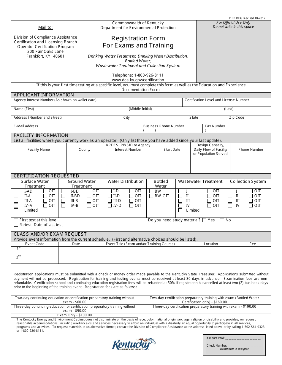 Form DEP REG Registration Form for Exams and Training - Kentucky, Page 1
