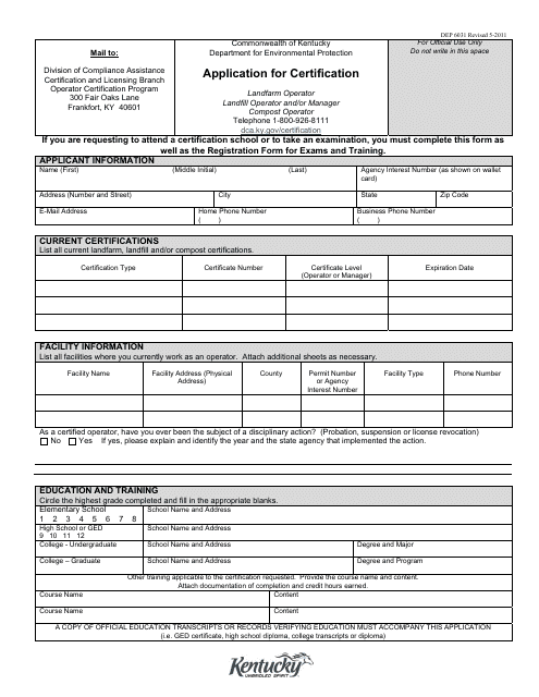 Form DEP6031 Application for Certification - Solid Waste - Kentucky