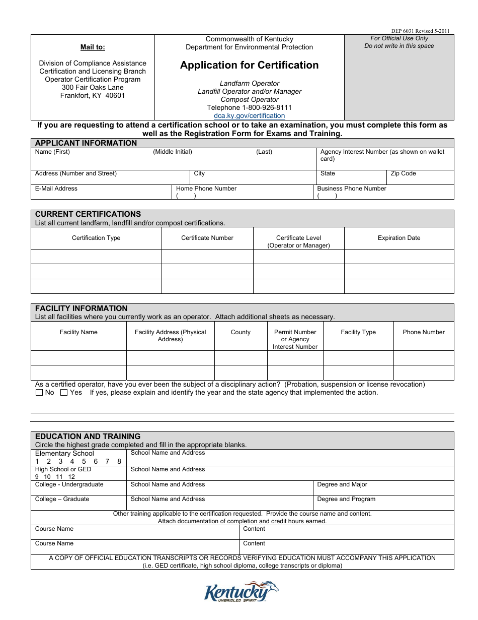Form DEP6031 Application for Certification - Solid Waste - Kentucky, Page 1