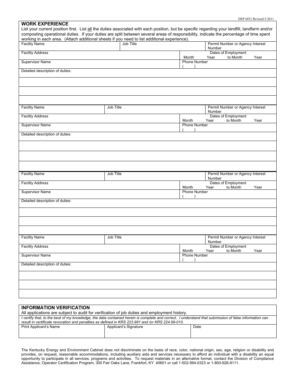 Form DEP6031 Application for Certification - Solid Waste - Kentucky, Page 2
