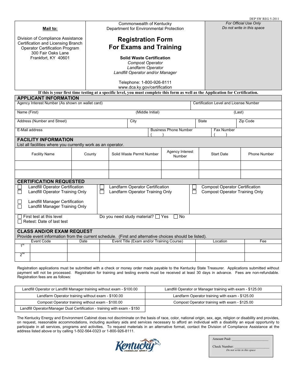 Registration Form for Exams and Training - Solid Waste Certification - Kentucky, Page 1