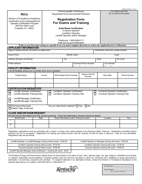 Registration Form for Exams and Training - Solid Waste Certification - Kentucky