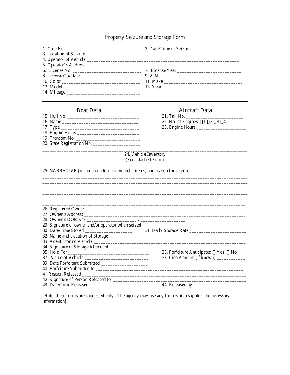 Property Seizure and Storage Form - Kentucky, Page 1