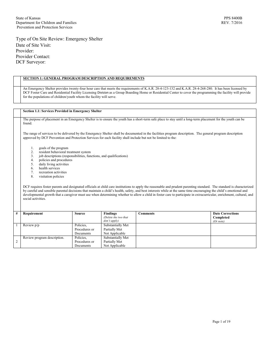 Form PPS8400B Emergency Shelter Review - Kansas, Page 1