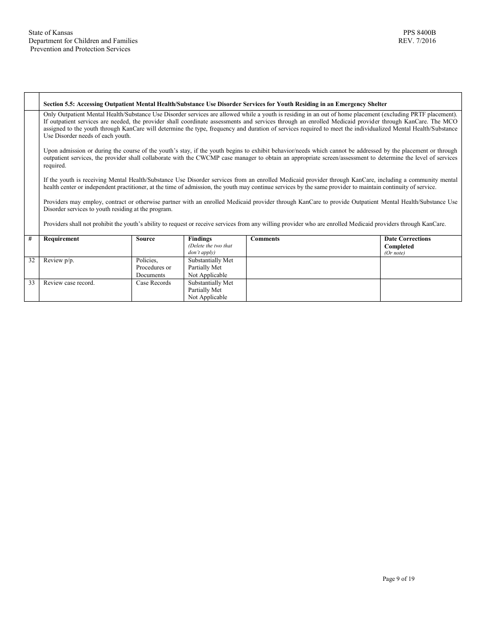 Form PPS8400B Emergency Shelter Review - Kansas, Page 9
