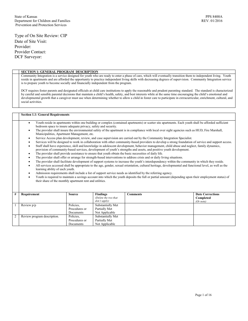 Form PPS8400A Community Integration Program (Cip) Review - Kansas, Page 1