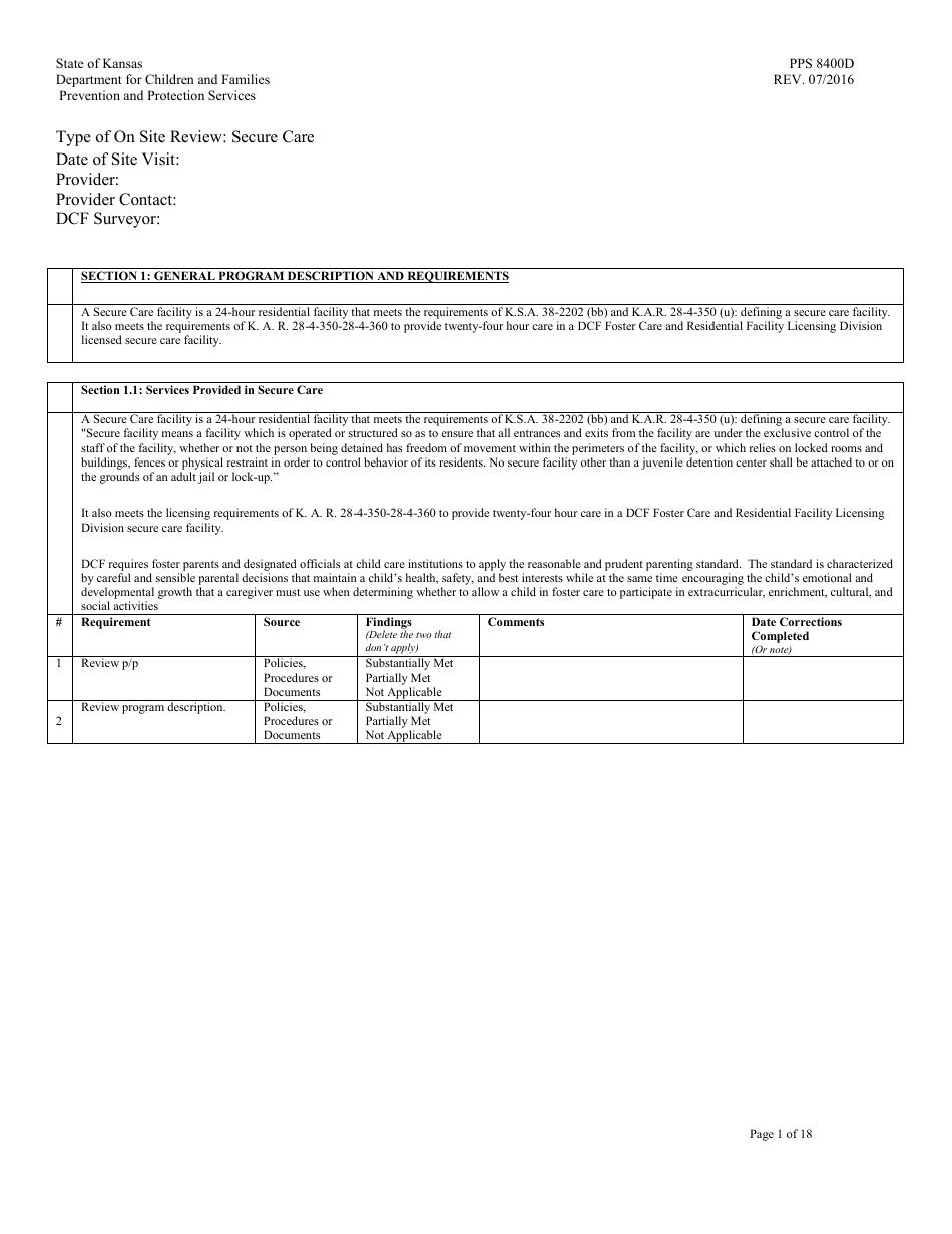 Form PPS8400D secure Care Review - Kansas, Page 1