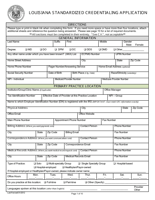Louisiana Standardized Credentialing Application Form - Louisiana