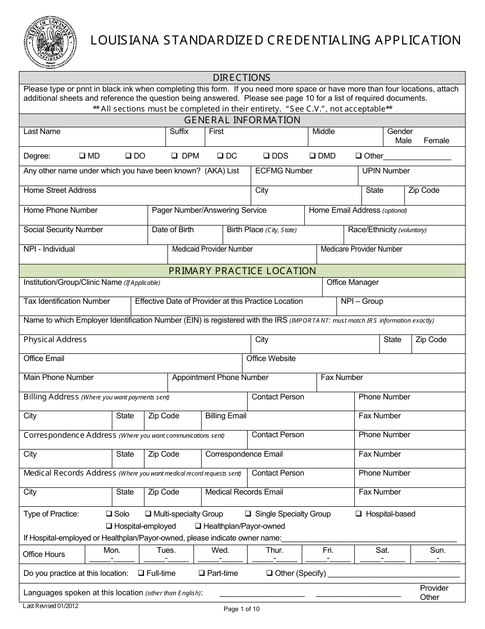 Louisiana Standardized Credentialing Application Form - Louisiana, Page 1