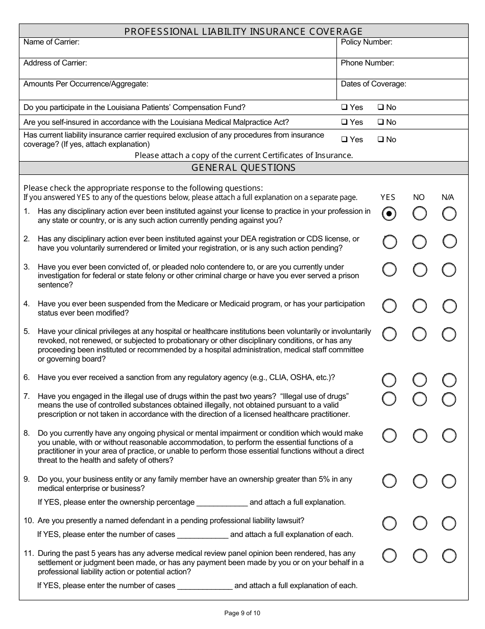 Louisiana Standardized Credentialing Application Form - Louisiana, Page 9