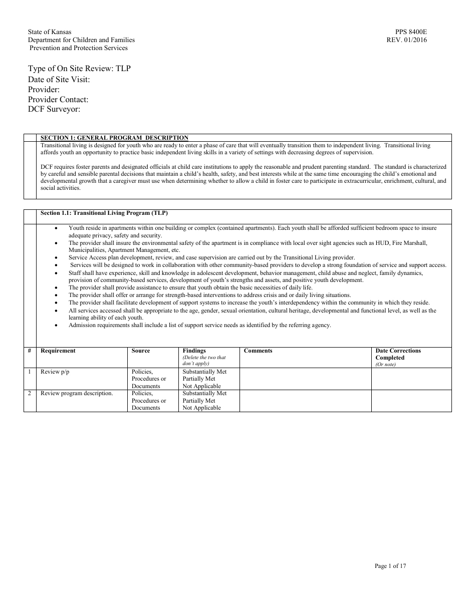 Form PPS8400E transitional Living Program Review - Kansas, Page 1