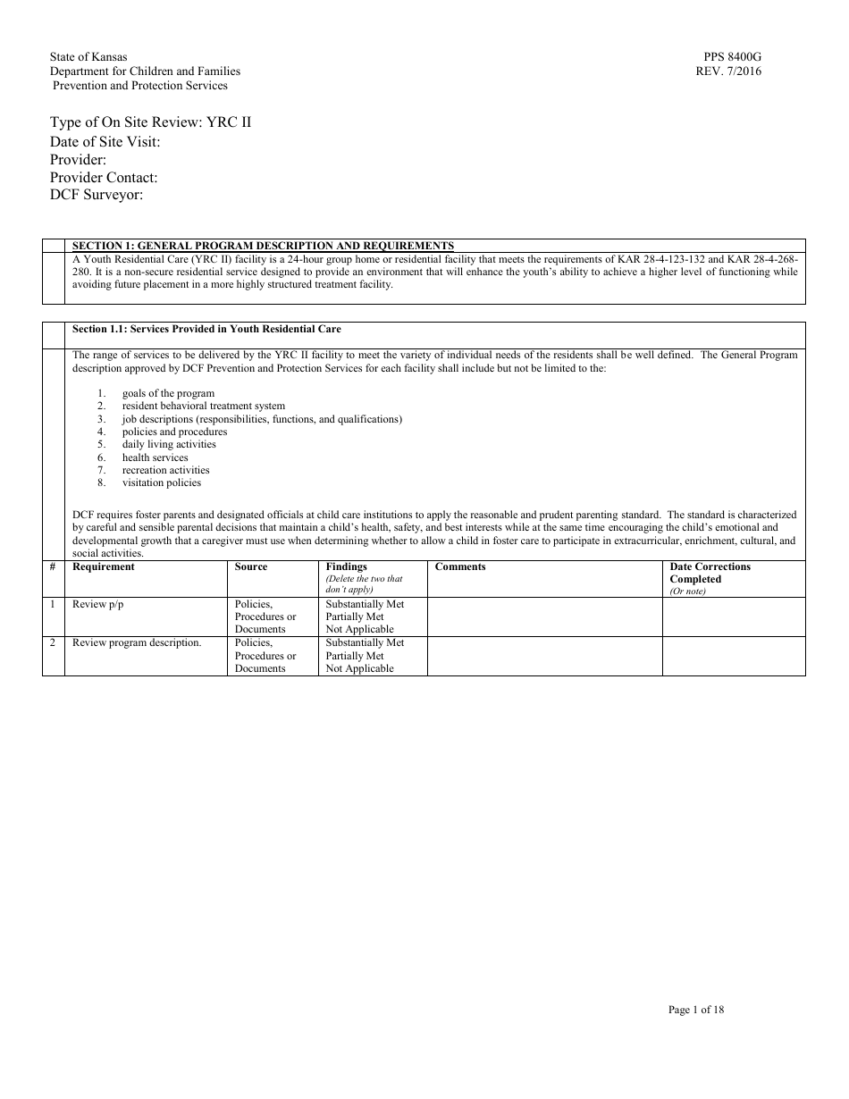 Form PPS8400G Youth Residential Placement II (Yrc II) Review - Kansas, Page 1