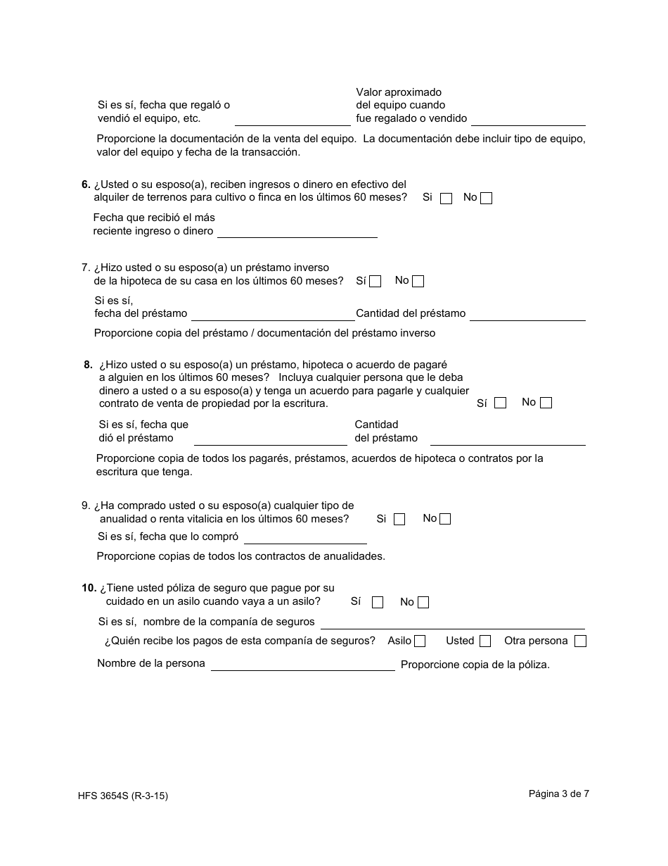 Formulario HFS3654S Informacion Financiera Adicional Para Las Personas Que Solicitan Cuidado a Largo Plazo - Illinois (Spanish), Page 3