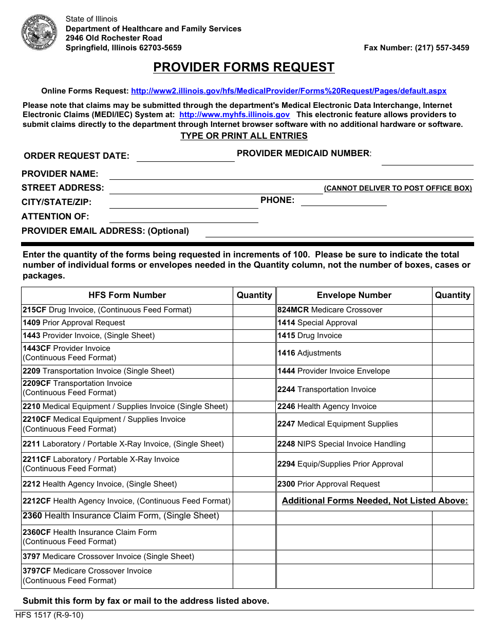 Form HFS1517 Provider Forms Request - Illinois, Page 1