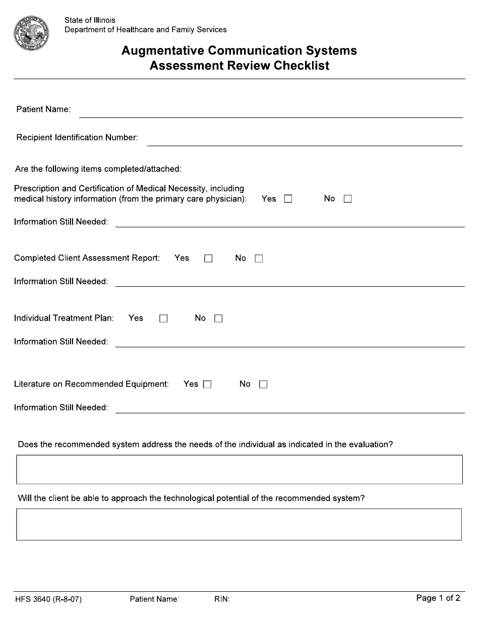 Form HFS3640 Augmentative Communication Systems Assessment Review Checklist - Illinois, Page 1